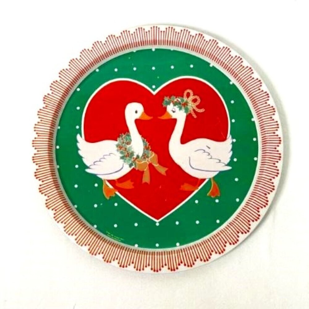 Vtg Christmas Geese Metal Tin Serving‎ Tray Platter 1987 Retro